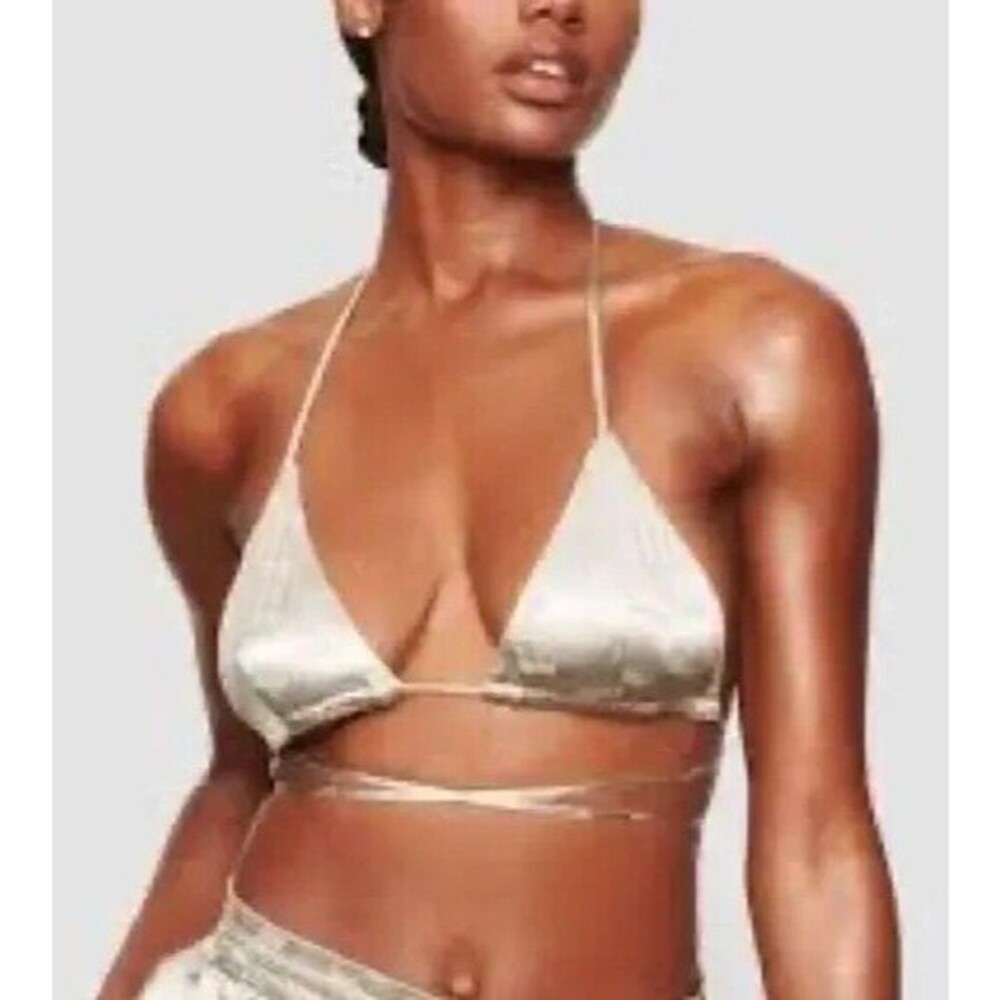 SKIMS Jacquard Triangle Bikini Pajama Top 2X White Ivory Logo Print Satin B21